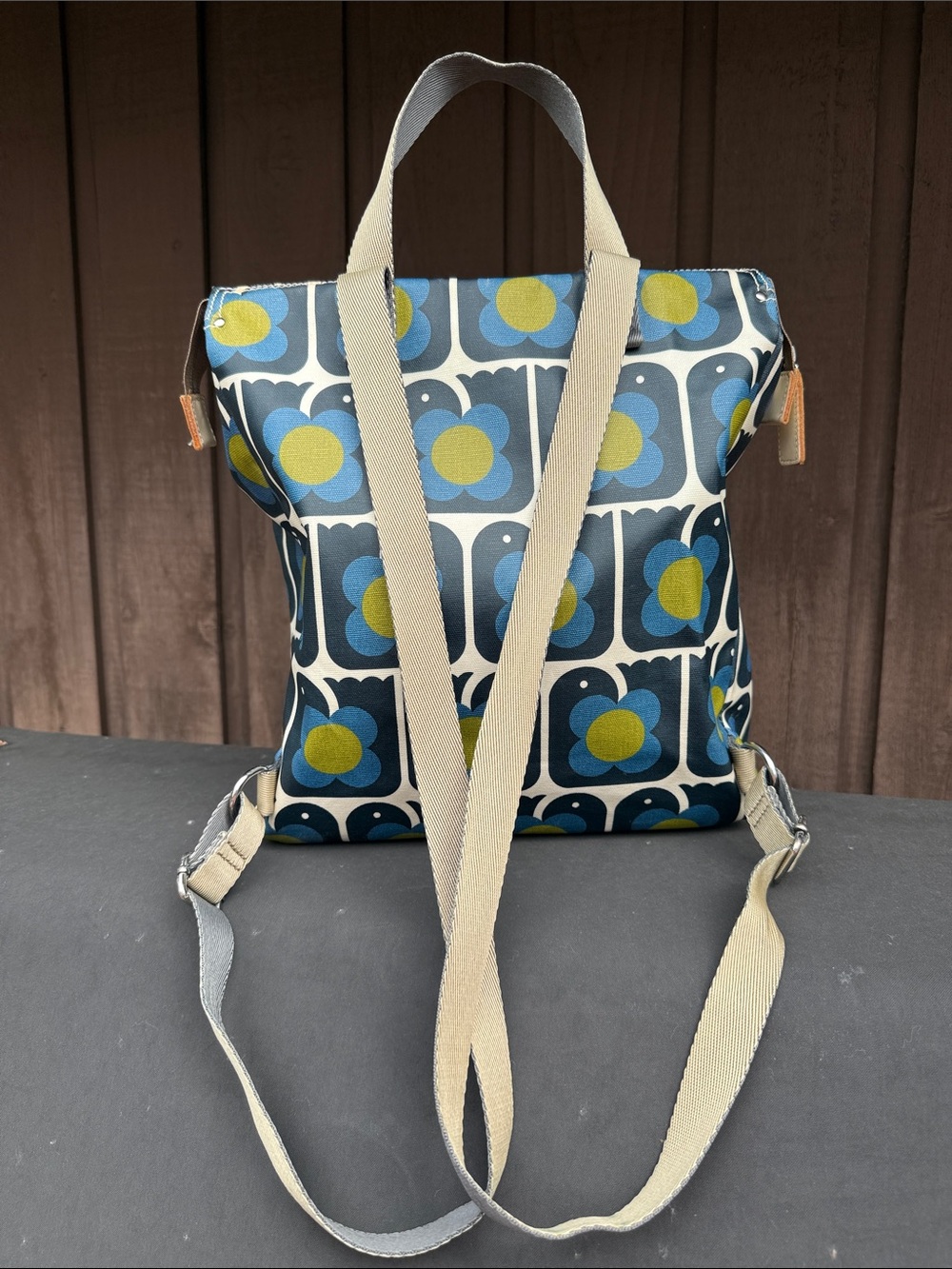 Orla Kiely Blue and Yellow Retro Floral Backpack Tote - Picture 12 of 15